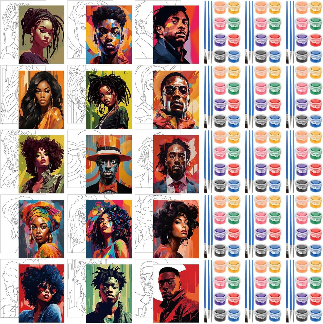 75 Pcs 15 Set Pre Drawn Canvas Kit for Painting Craft Sip and Paint Kit for Adults Cool Gentlemen and Lady Pre Printed Canvas Painting Favor for DIY Black History Month Gifts Adult's Date Party